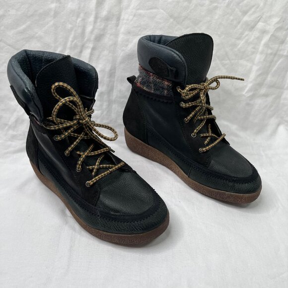 coolway Black Leather Plaid trim Lace Up Ankle Boots US 7 - Picture 2 of 14